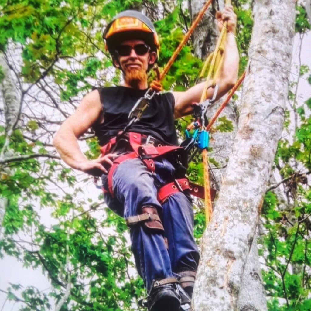 ISA Certified Arborist Russell is pictured here smiling while trimming a tree located in Palm Harbor, FL wearing arborist protective gear